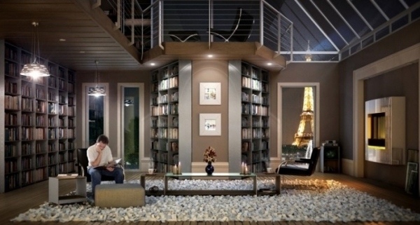 Ideas for home library furniture glass roof carpet modern style