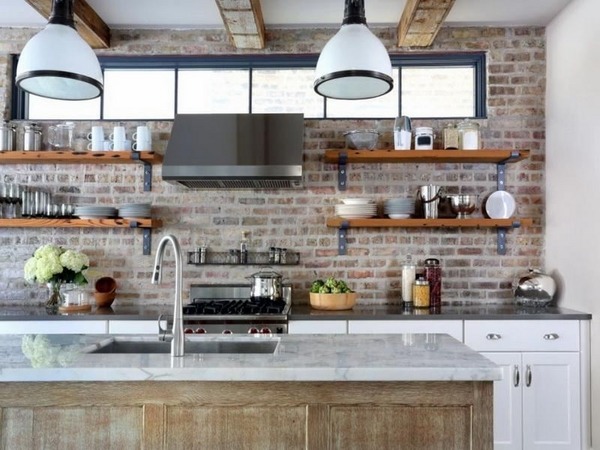 Industrial kitchen design open shelves white pendant lamps brick backsplash
