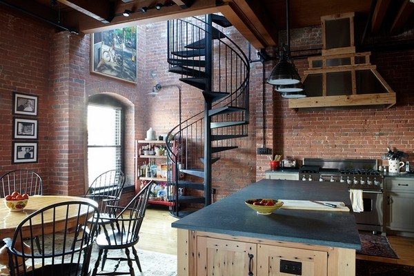 Loft apartment industrial kitchen design brick walls metal spiral staircase