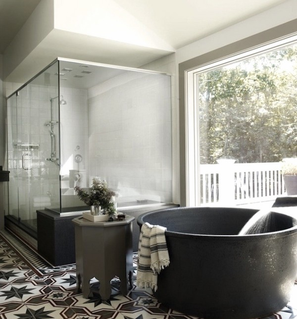 Luxury master bathroom design large round soaking tub 