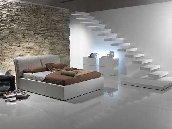 Minimalist bedroom design stone wall glossy floor tiles