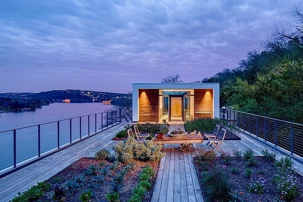 Modern home design Cliff dwelling rooftop garden house entry Lake Austin view