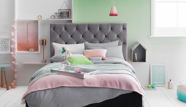 Pastel-wall-colors-bedroom-design-gray-tufted-headboard