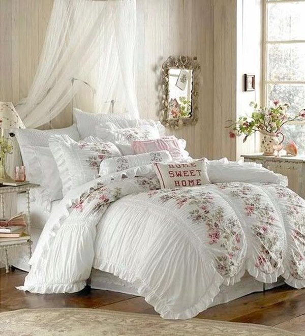 Romantic-bedroom-ideas-shabby-chic-decor-lovely bedding set poster curtains