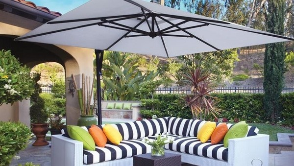 White offset patio umbrellas outdoor lounge furniture cushions