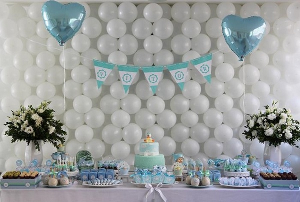 party decoration baby boy white balloons blue accents