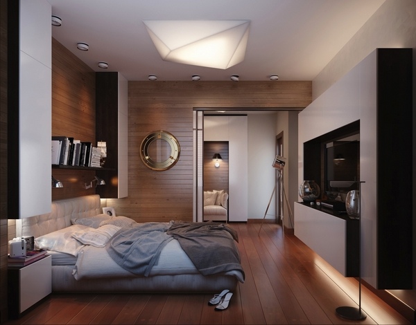 basement-bedroom-ideas-wooden-accent-wall-ceiling-light-wood-flooring