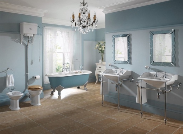 bathroom decor glamorous chandelier blue wall color clawfoot tub