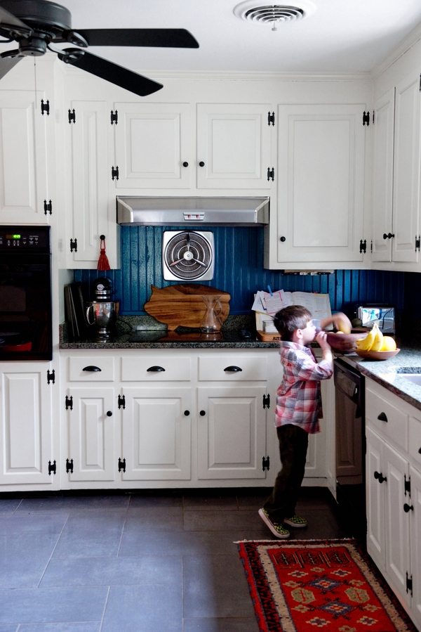 beadboard kitchen backsplash navy blue color white cabinets