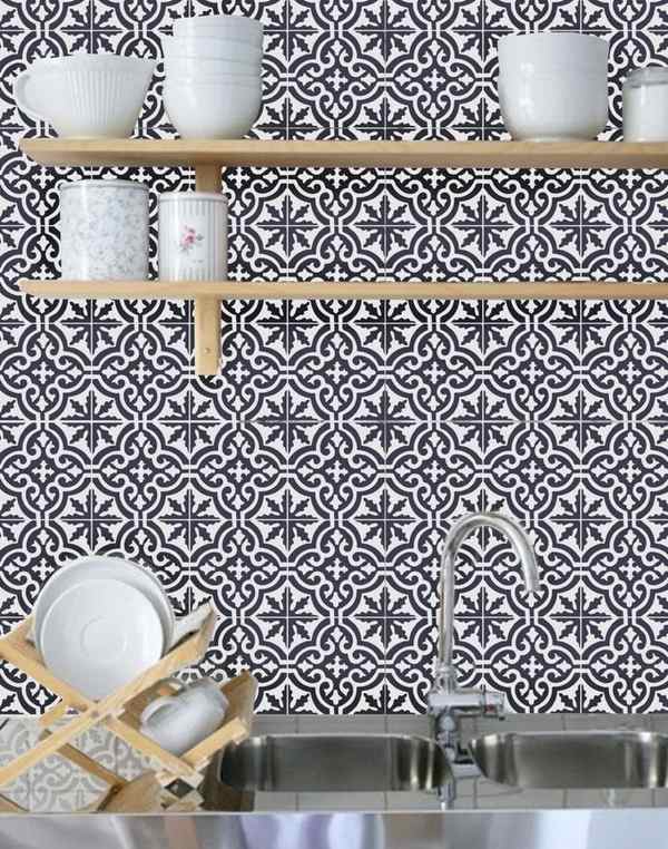 beautiful-moroccan tile backsplash ideas geometric pattern open shelves