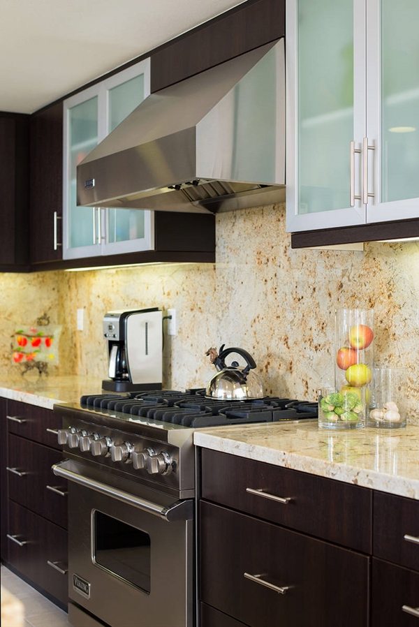 black kitchen cabinets granite countertop and backsplash