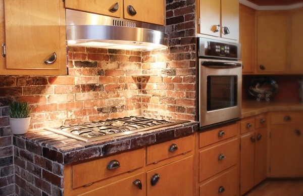 brick kitchen backsplash wood cabinets industrial kitchen ideas