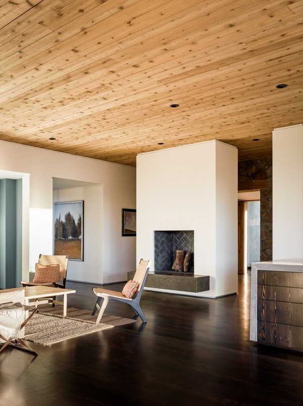 cedar wood ceiling living room open fireplace