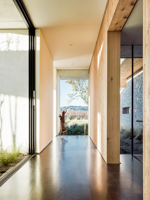 cedar wood wall paneling sliding glass doors courtyard