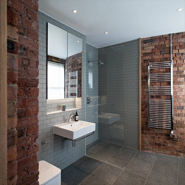 contemporary-bathroom-walk-in-shower-glass-partition exposed bricks