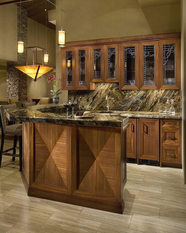contemporary home bar design wood cabinets glass fronts-granite-backsplash-and-countertops