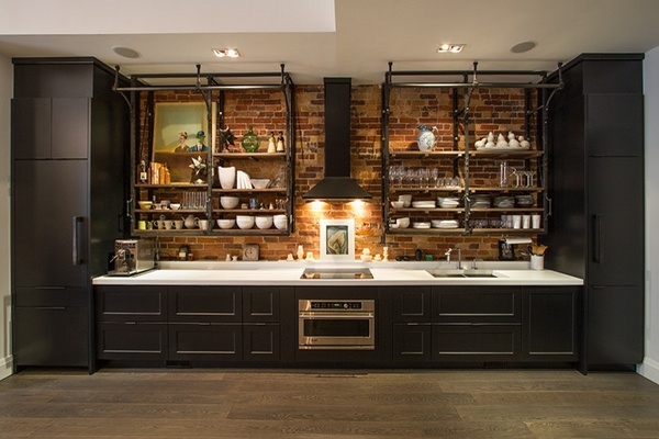 contemporary kitchen industrial style design black cabinetry exposed brick wall open shelves