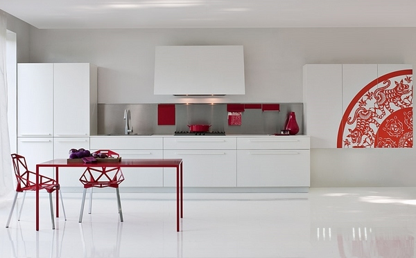 contemporary style modular kitchen design white red accents