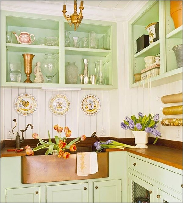 cottage kitchen pastel green cabinets copper farmhouse sink white beadboard kitchen backsplash