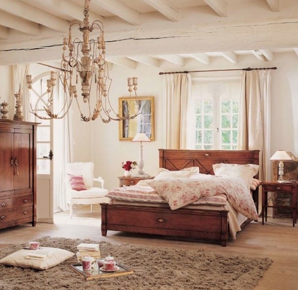 country style bedroom ideas brown wood bed frame white pink floral bedding large chandelier