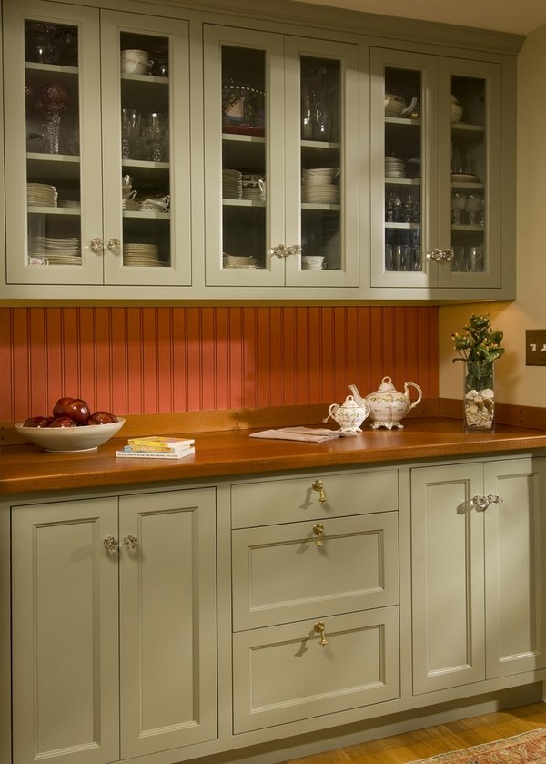 craftsman kitchen beadboard backsplsh glass front cabinets