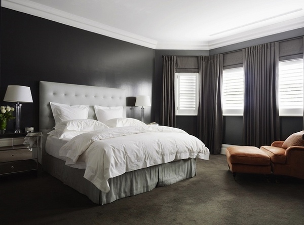 dark gray bedroom wall color tufted headboard trendy bedroom interior
