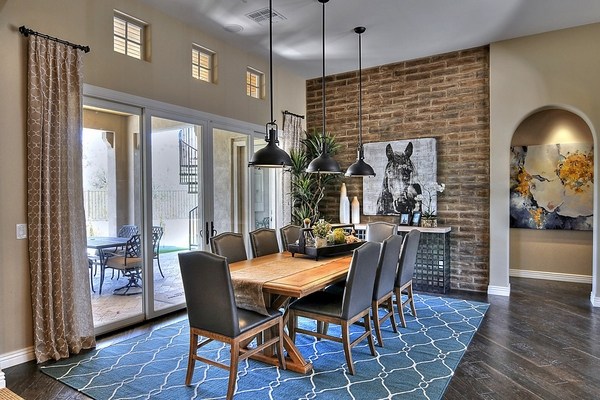 dining room design faux bricks accent wall pendant lighting
