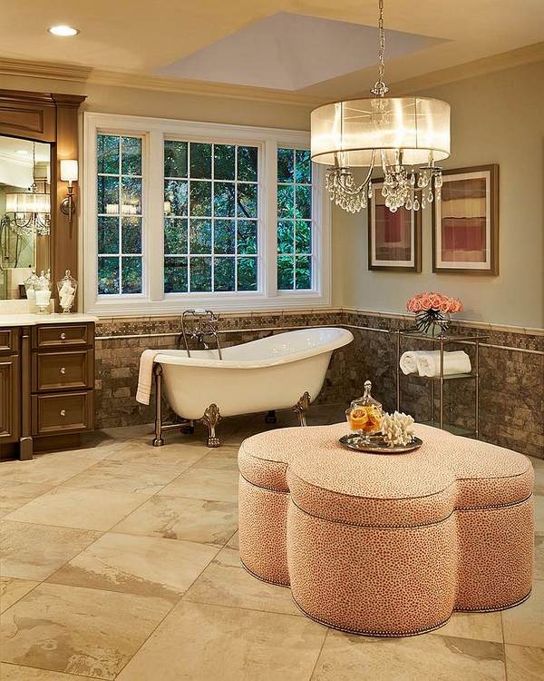 elegant bathroom design oversized crystal and shade chandelier clawfoot tub