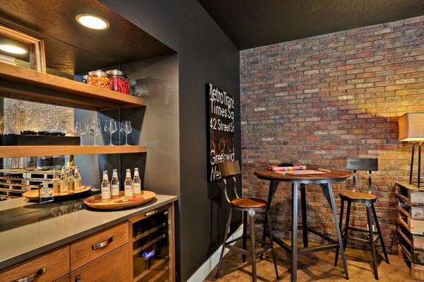 faux brick walls home bar design ideas