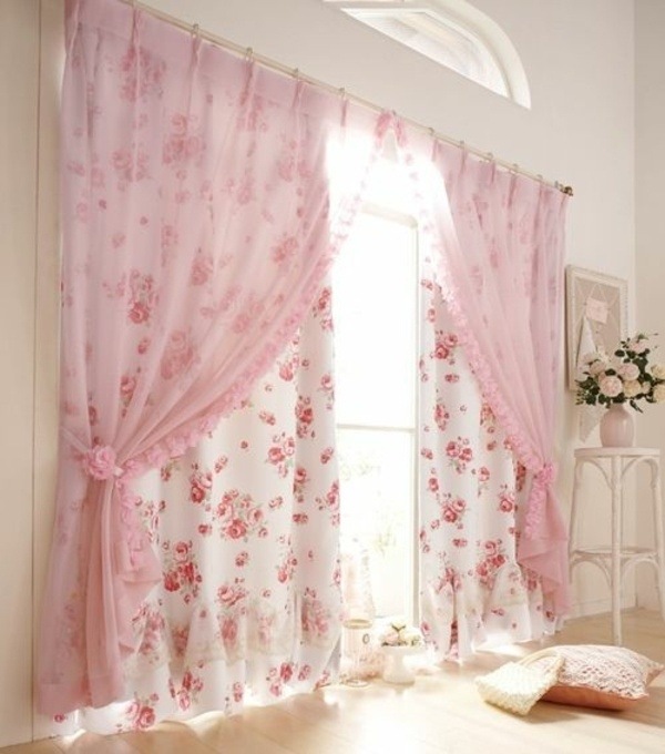 floral-motifs-two layers-shabby-chic-curtains-pastel-pink-white