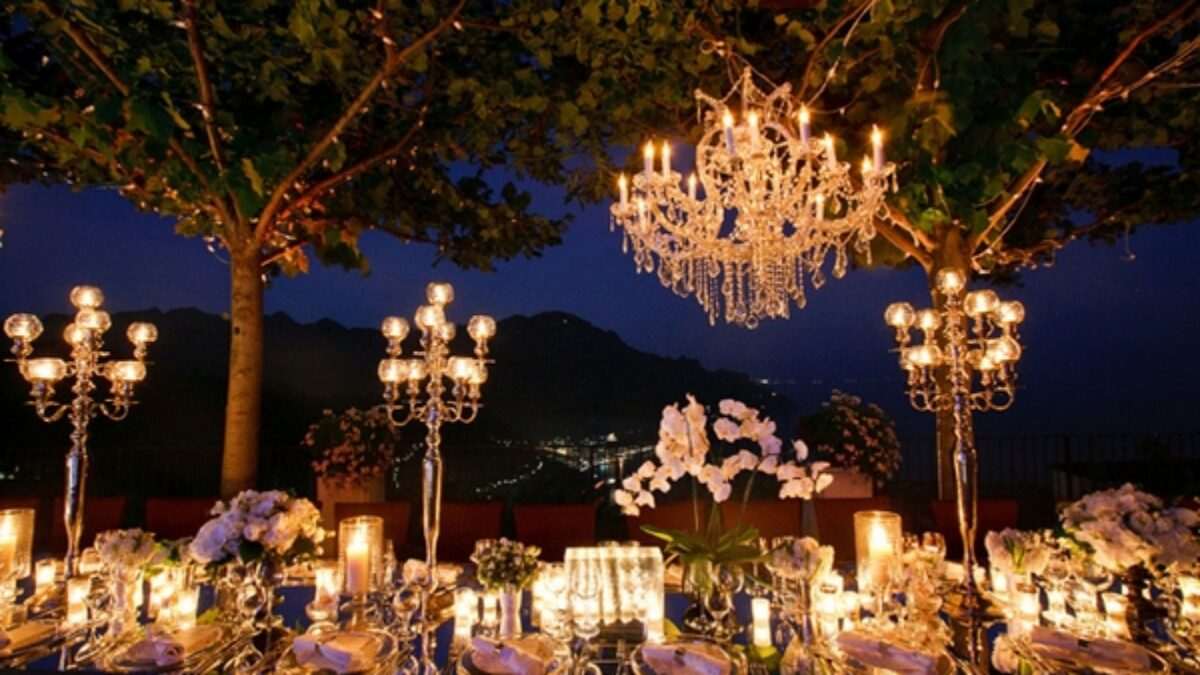 hanging chandeliers in trees