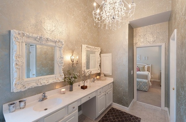 bathroom design white vanity unit framed mirrors large chandelier