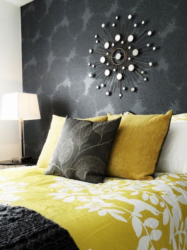grey yellow bedroom ideas dark gray wall yellow bedding decorative pillows