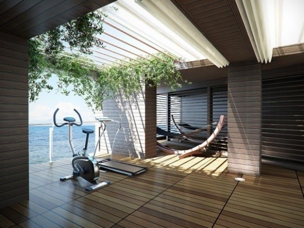 home fitnes studio desisgn wood floor sea view deck chairs