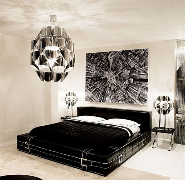 incredible large chandelier modern black and white bedroom 