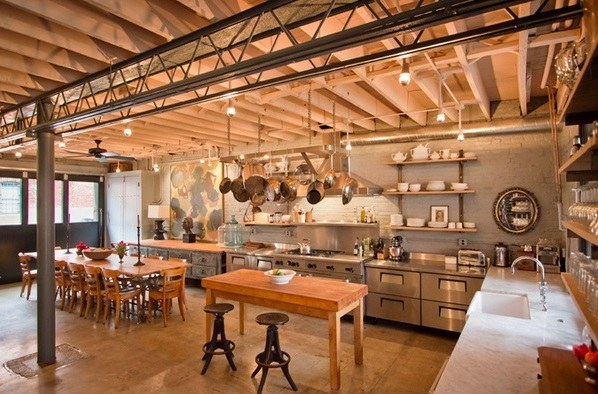 industrial kitchen design modern loft style interior stainless steel exposed beams