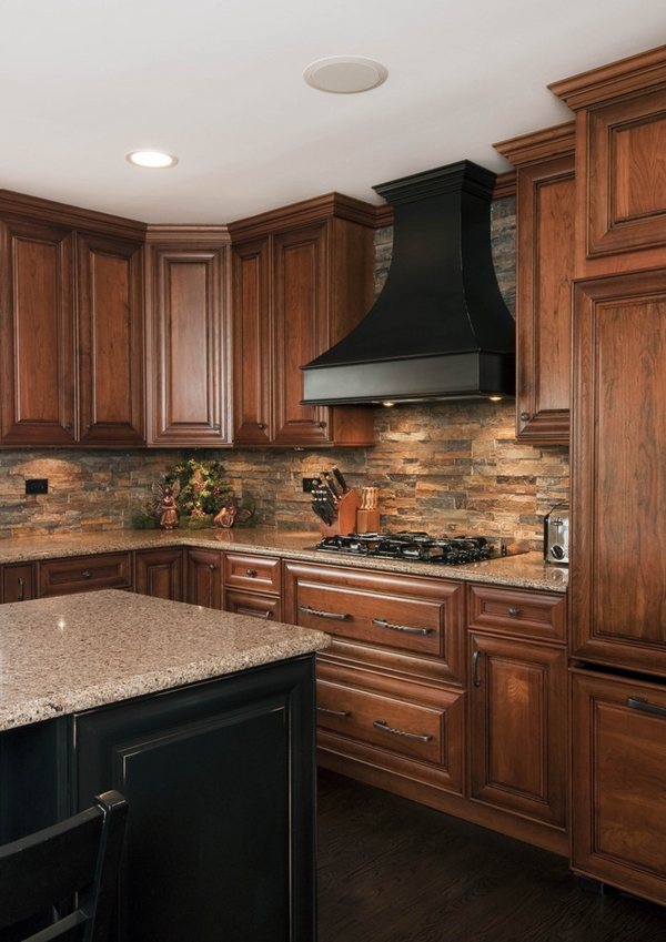 kitchen backspash stone tile backsplash ideas wood cabinets under-cabinet lighting