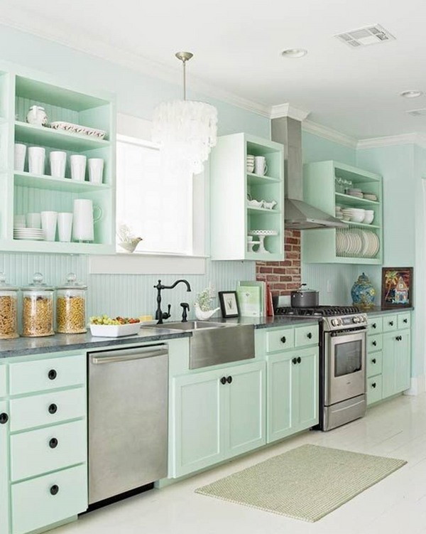 kitchen backsplash ideas beadboard pastel green cabinets farmhouse sink