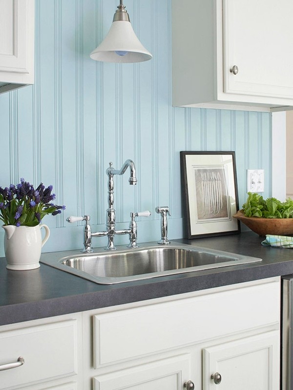 Choosing The Perfect Backsplash Beadboard Backsplash Pros And Cons   Kitchen Backsplash Ideas White Cabinets Blue Beadboard 