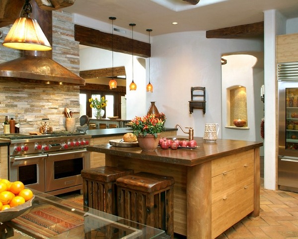 kitchen ideas large kitchen island copper hood mini pendants stone tile backsplash