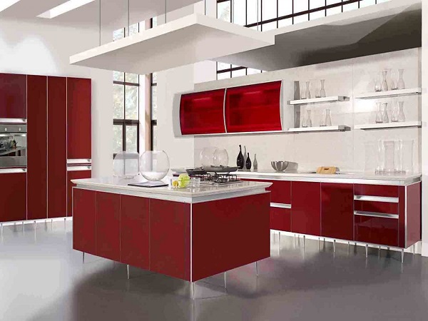 kitchen modern red white color modular cabinets floating shelves