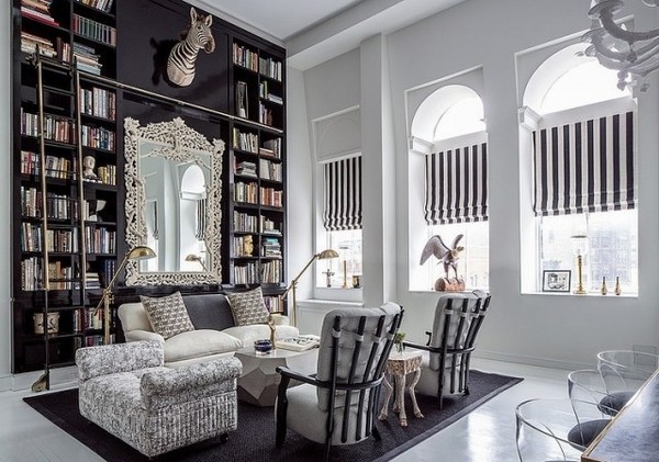 library furniture living room ideas floor to ceiling wall shelves sofa 