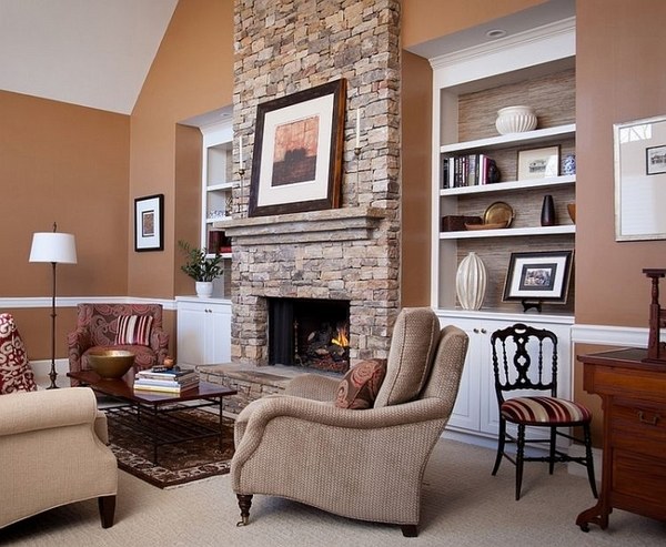 living room design decoration ideas fireplace built in shelves armchair