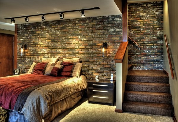 loft apartment interior faux brick wall bedroom design ideas