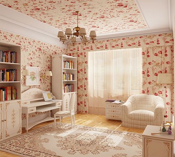 lovely-shabby-chic-bedroom-design-ceiling-ideas-white-furniture-floral-curtains