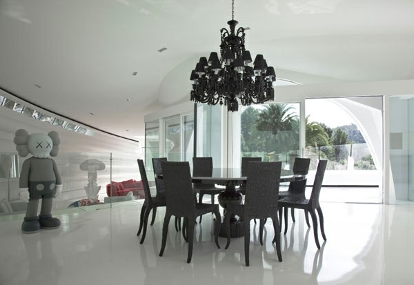 minimalist dining room black furniture oversized black chandelier
