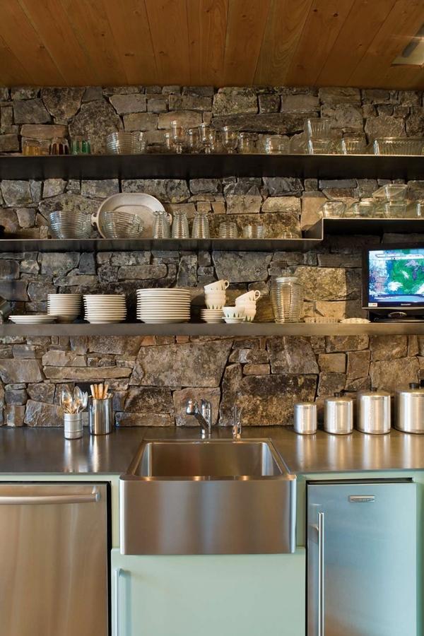 moder kitchen stainless steel sink floating shelves stone wall kitchen backsplash ideas