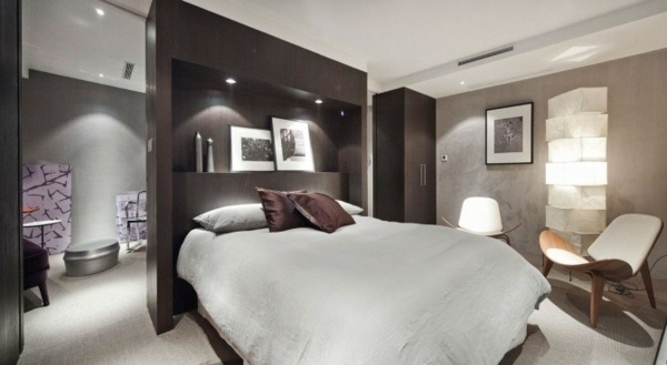modern basement bedroom interior design neutral color palette accent wall
