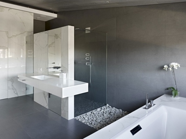 modern-bathroom gray white color scheme-walk-in-shower-modern-vanity