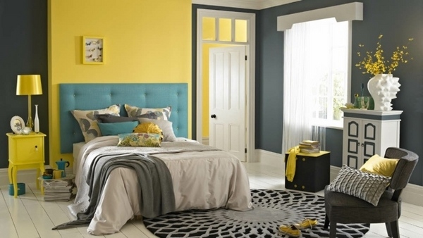 modern bedroom ideas gray yellow wall color turquoise bed headboard